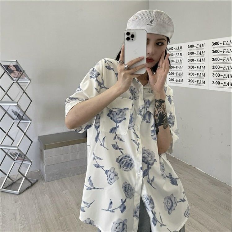 Áo sơ mi voan tay ngắn cổ bẻ in họa tiết hoa phong cách vintage