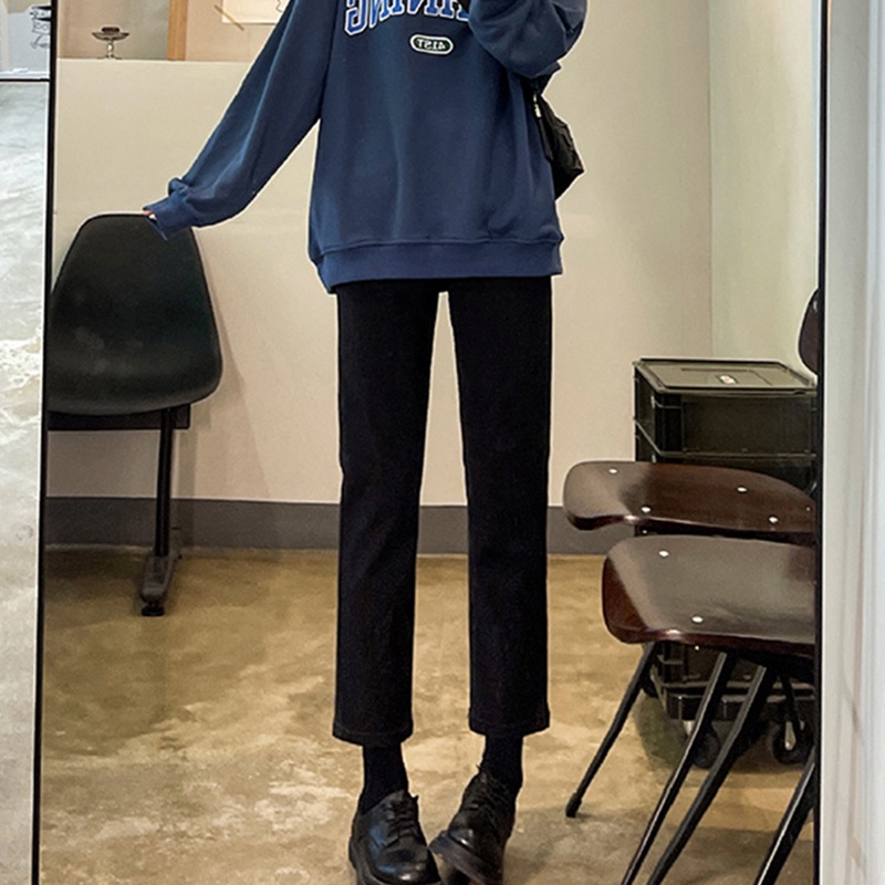 IELGY   Quần Jean Ống Đứng Lưng Cao Màu Đen Thời Trang Cho Nữ