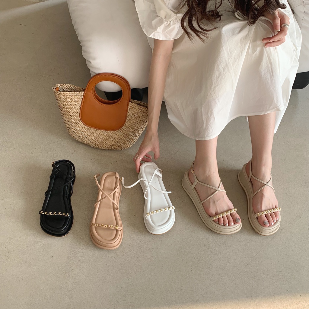 Sandal Đế Xuồng Hở Ngón Phối Dây Xích Kim Loại Thời Trang 2023 Dành Cho Nữ