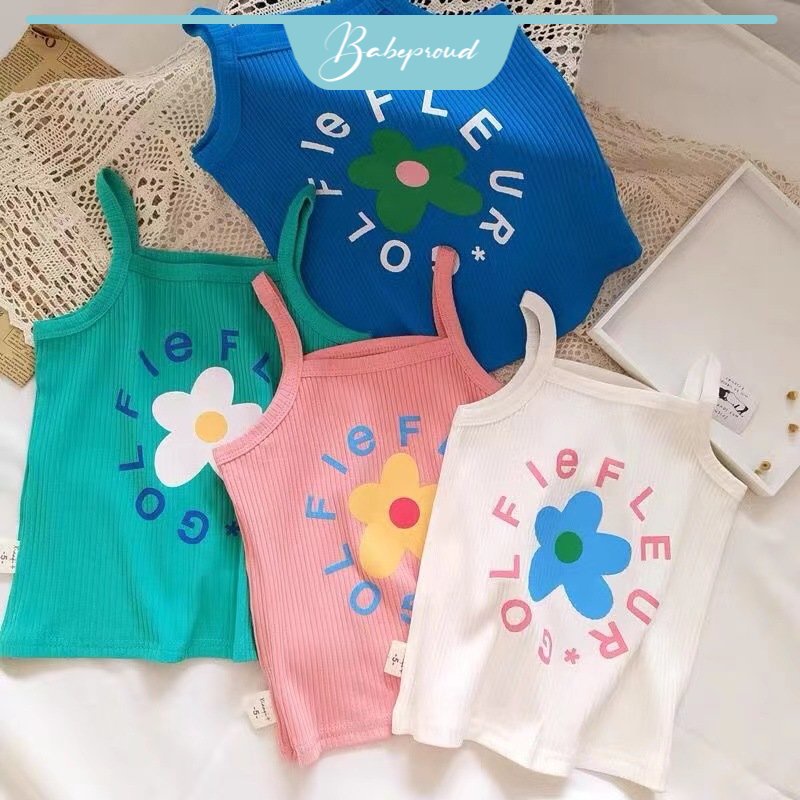 Áo thun cotton BABEPROUD hai dây in chữ và hoa cúc nhỏ phong cách Hàn Quốc cho bé gái 0-5 tuổi