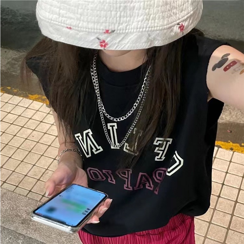 Áo thun XINLANYASHE sát nách dáng rộng in họa tiết kiểu Hàn Quốc thời trang cho nữ