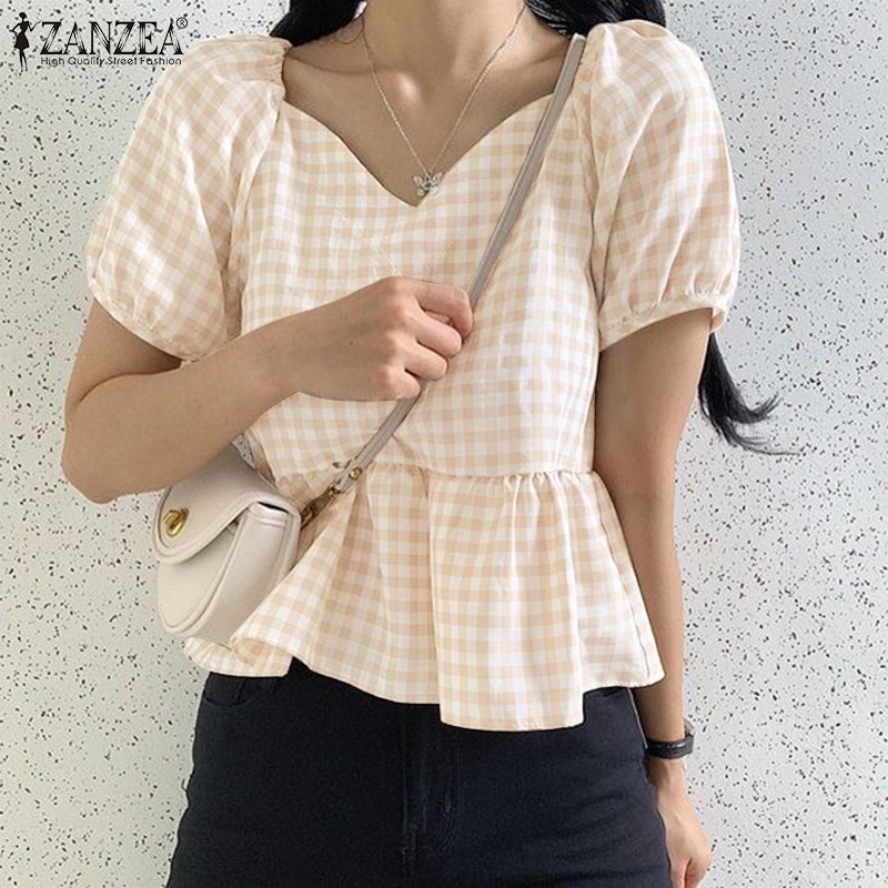 Áo ZANZEA tay ngắn phồng họa tiết caro phong cách Hàn Quốc dành cho nữ