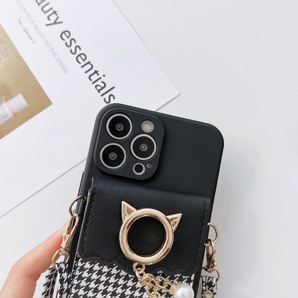 Ốp Lưng Da Cừu Có Dây Đeo kèm Ngăn Đựng Thẻ Cho iPhone 6 Plus tới 14 Promax, Hàng Chất Lượng Cao