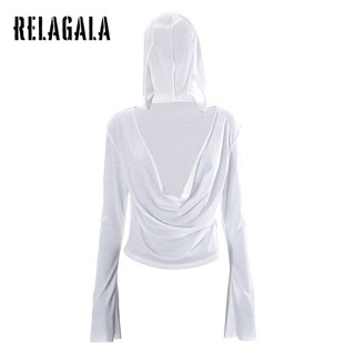 RelaGala Thời Trang Nữ Màu Trơn Sâu V Có Mũ Trùm Đầu Slim Áo Thun Dài Tay