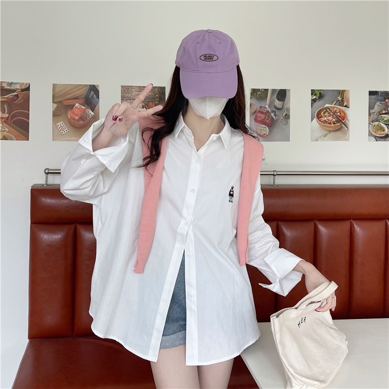 IELGY    Áo Thun Tay Dài Thêu Hình Gấu Thời Trang Dành Cho Nữ