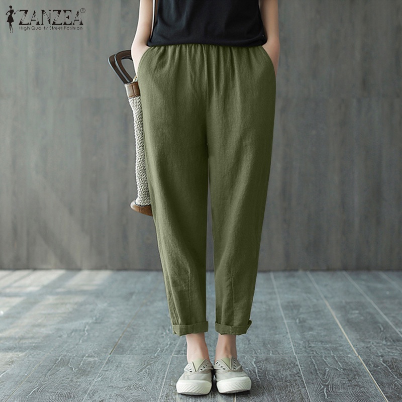 Quần dài ZANZEA lưng thun màu trơn phong cách Hàn Quốc thời trang cho nữ