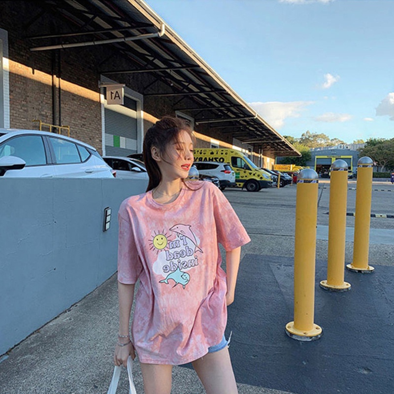 IELGY Áo Thun Ngắn Tay Nhuộm Màu Họa Tiết Hoạt Hình Phong Cách Hàn Quốc Cho Nữ