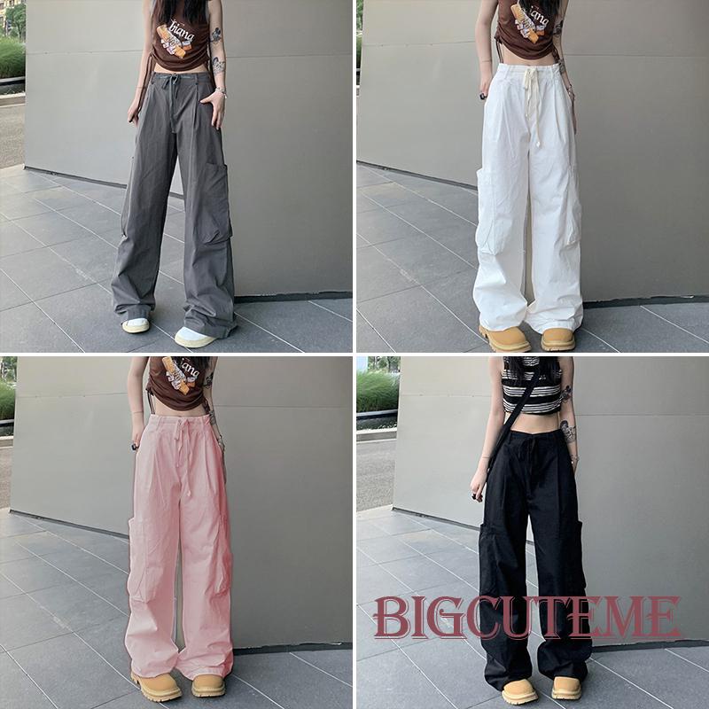 Quần Dài Dáng Suông Rộng Lưng Cao Màu Trơn Có Túi Và Dây Rút Cho Nữ