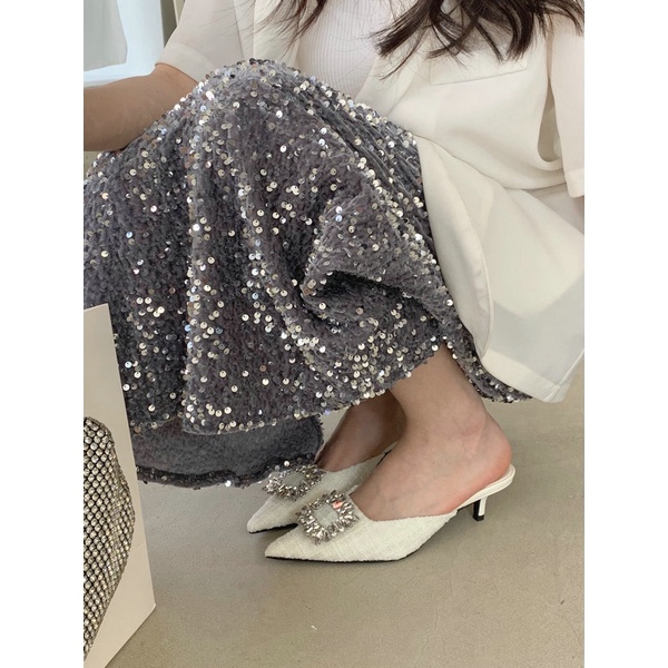 Dép Cao Gót Mũi Nhọn Đính Đá Thời Trang Dành Cho Nữ