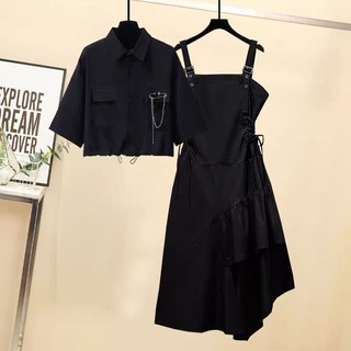 Set áo sơ mi + đầm hai dây lệch tà thời trang mùa hè