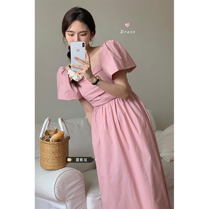 Quần áo nữ_Heo Oni Hàn Quốc mùa hè sang trọng phong cách retro cổ vuông thiết kế xếp ly eo cao màu hồng tay phồng đầm nữ