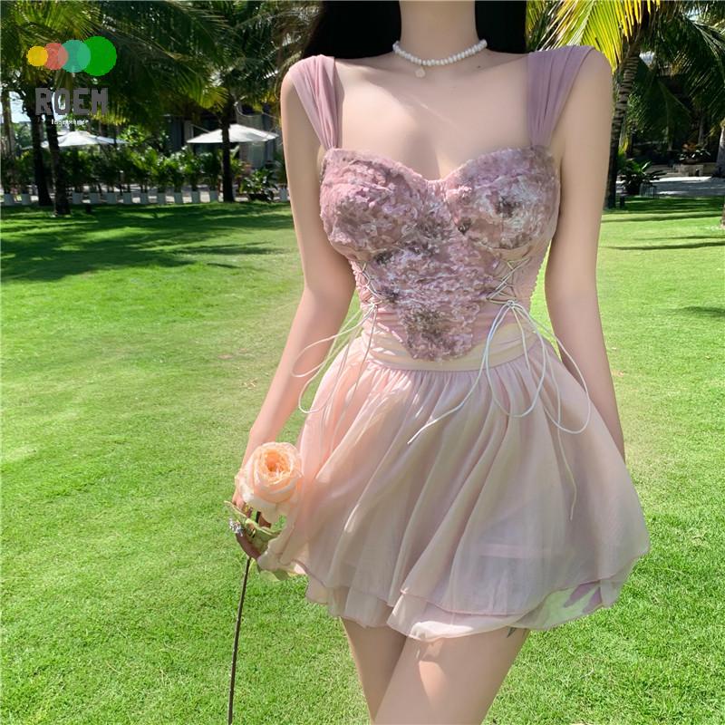 Bộ Áo Ống Nhỏ Màu Hồng + Chân Váy Đơn + Váy Lưới Đơn Màu Sữa Đẹp Mắt Phong Cách Pháp Ngọt Ngào