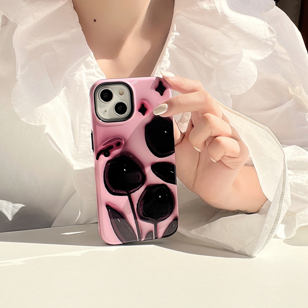 Ốp Điện Thoại TPU Dẻo Họa Tiết Hoa Tulip Đen Kèm Dây Đeo Ngọc Trai Chống Rơi Cho iPhone 14 13 12 11 Pro Max