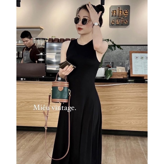 [ Ảnh thật ] Váy 2 dây/ 3 lỗ maxi đen đi biển dáng dài basic chất thun tăm