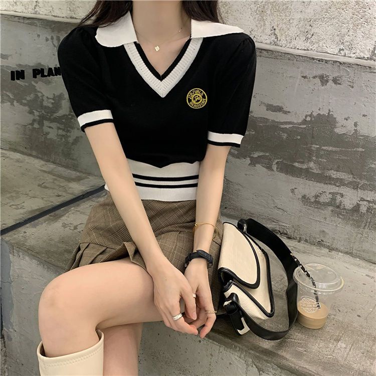 áo croptop len dệt kim tay ngắn kiểu cổ polo dáng ôm thời trang mùa hè 2023 phong cách mới