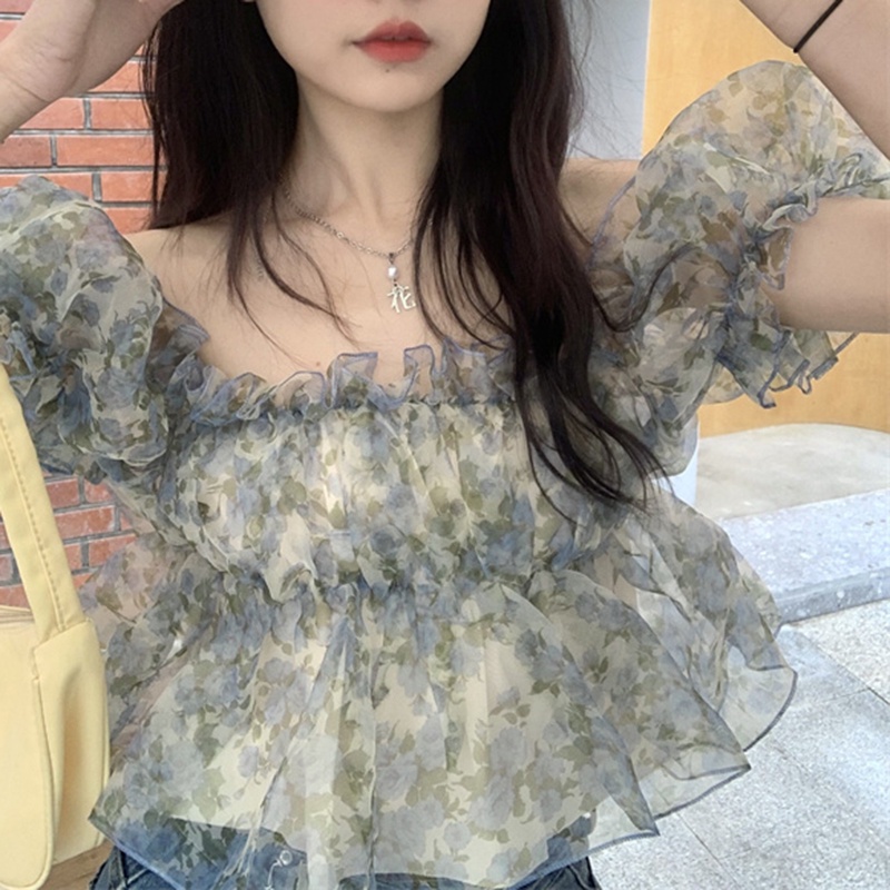 IELGY Áo chiffon Trễ Vai In Họa Tiết Hoa Phong Cách Pháp Ngọt Ngào Thời Trang Cho Nữ