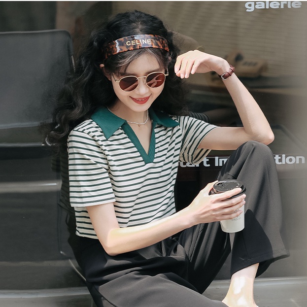 SUXI Áo polo Ngắn Tay Form Rộng Họa Tiết Kẻ Sọc Phong Cách Vintage