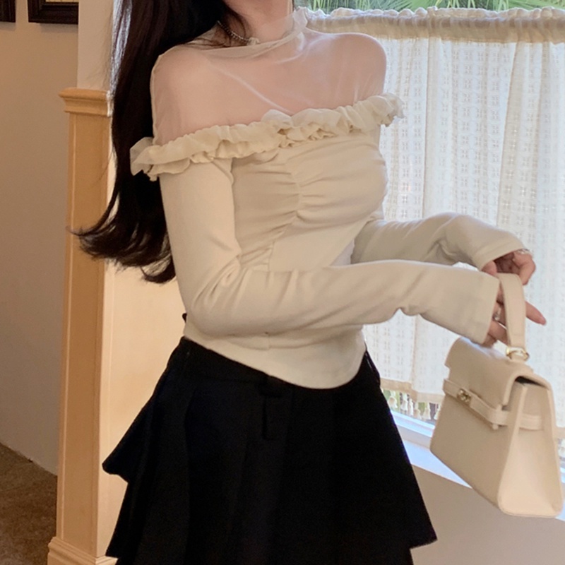 IELGY  Áo Dệt Kim Tay Dài Phối Ren Thời Trang Cho Nữ