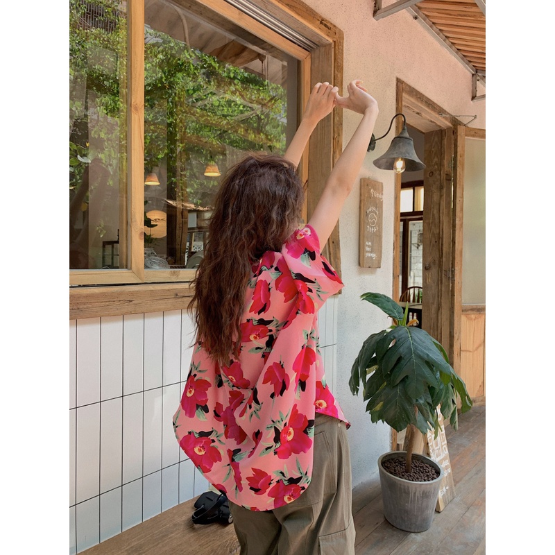 Áo Sơ Mi Đi Biển Tay Ngắn Dáng Rộng In Hoa Kiểu vintage Hồng Kông Thời Trang Mùa Hè Cho Nữ