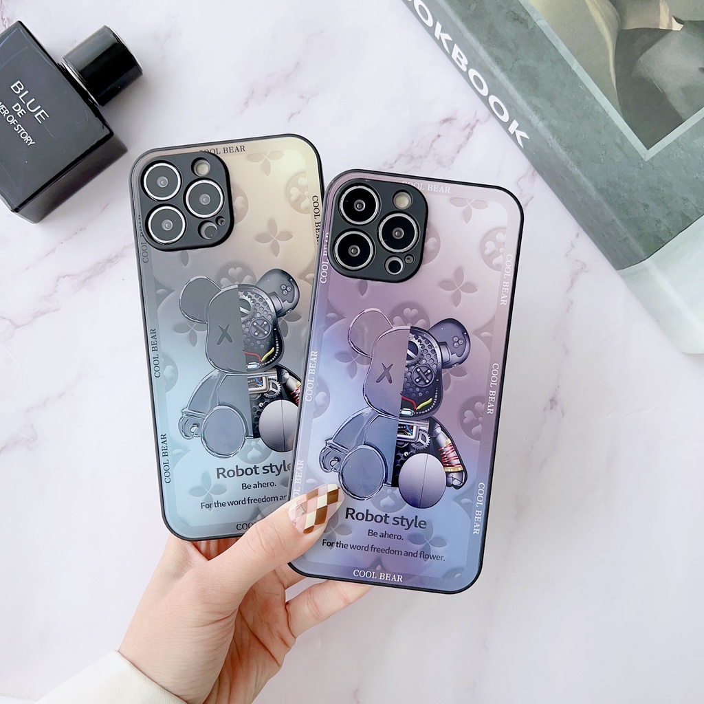 Ốp Điện Thoại Kính Cường Lực Viền tpu Dẻo In Hình Gấu Đơn Giản Thời Trang Cho iPhone 14 13 12 11 PRO MAX XR XS 7 8Plus