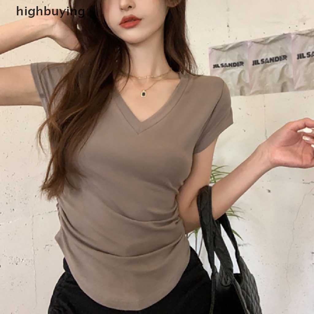 Áo Thun Tay Ngắn Cổ Chữ V Màu Sắc Đơn Giản Cho Nữ