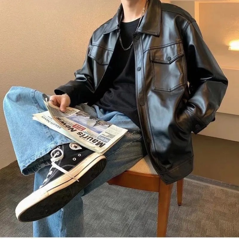 Áo Khoác Da Dáng Rộng Phối Túi Lớn Thời Trang Xuân Thu Cho Nam