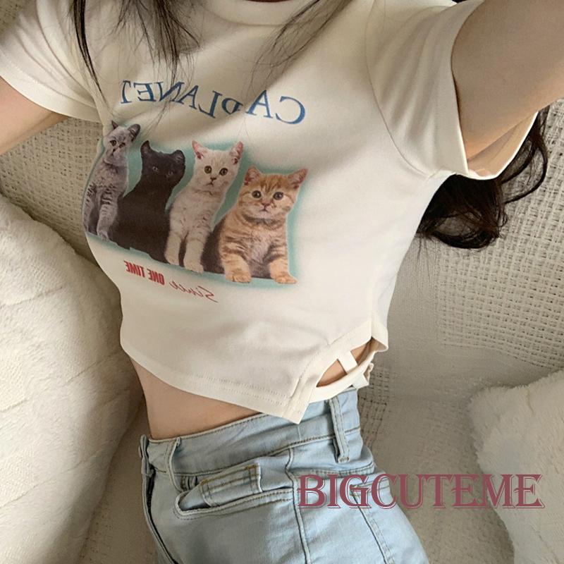 Áo Thun Crop Top Tay Ngắn Cổ Tròn In Hình Mèo Ôm Dáng Cho Nữ