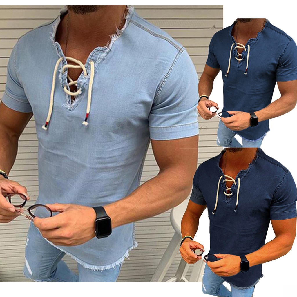 Áo Thun Tay Ngắn Cổ Chữ V Màu Trơn Cột Dây Thời Trang Mùa Hè Cho Nam