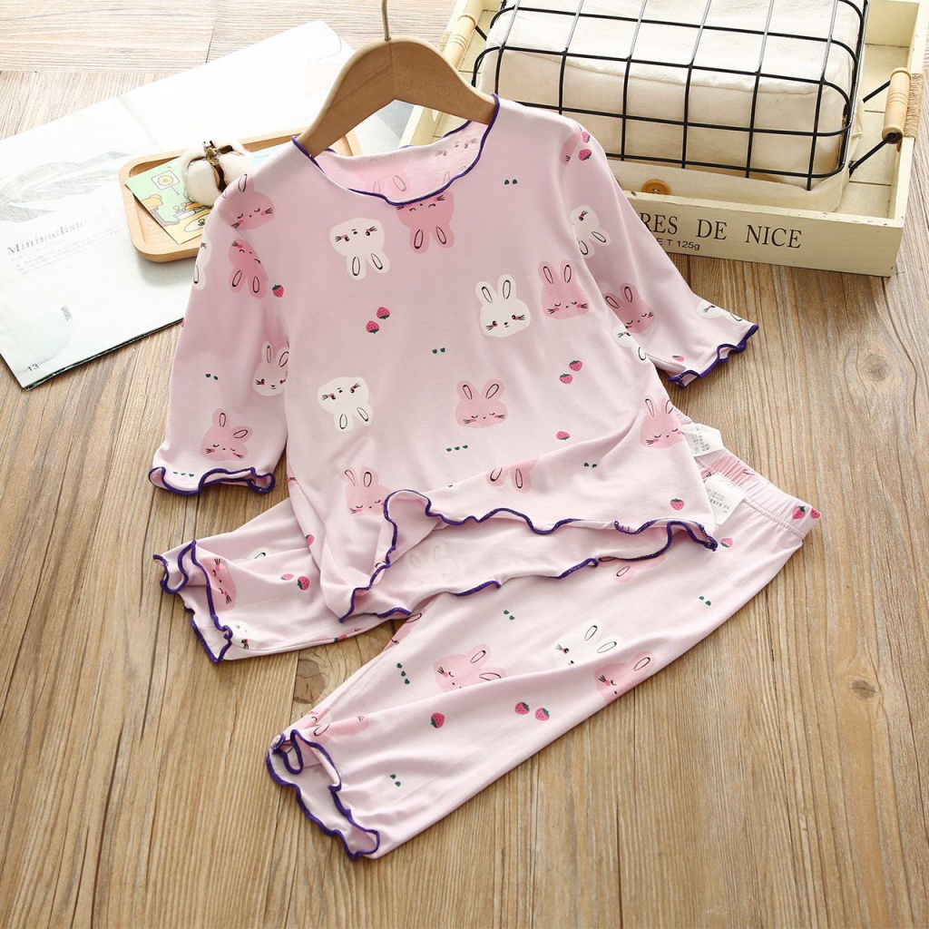Bộ Đồ Ngủ Tay Lửng Bằng Lụa Mát Thời Trang Mùa Hè Dành Cho Bé Gái