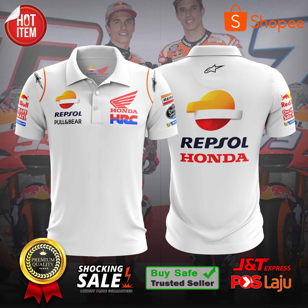 Hot Deal Áo Thun Có Cổ Honda Repsol MotoGP 2023 (Thiết Kế Tùy Chỉnh) - Trắng / Xanh Navy