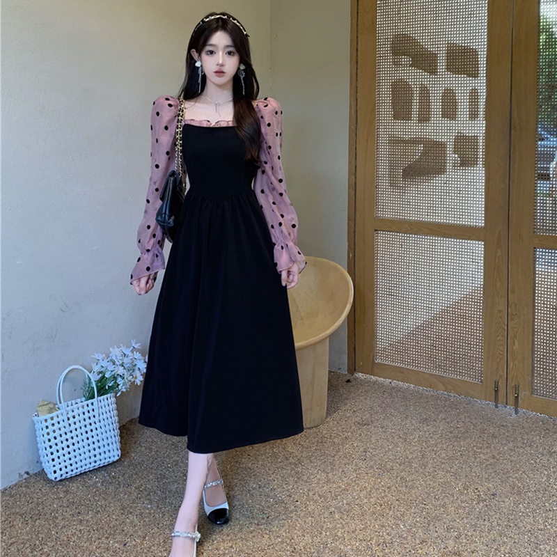 IELGY  Đầm Tay Dài Phối Lưới Dáng Ôm Phong Cách retro Pháp Thanh Lịch Dành Cho Nữ