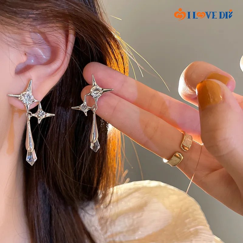 Bông Tai / Khuyên Tai Chuỗi Hình Học Đính Đá Lấp Lánh Phong Cách Thanh Lịch Dành Cho Nữ