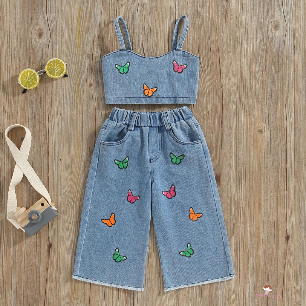 Set Áo Hai Dây Thêu Hình Bướm Và Quần Jeans Thời Trang Cho Bé Gái