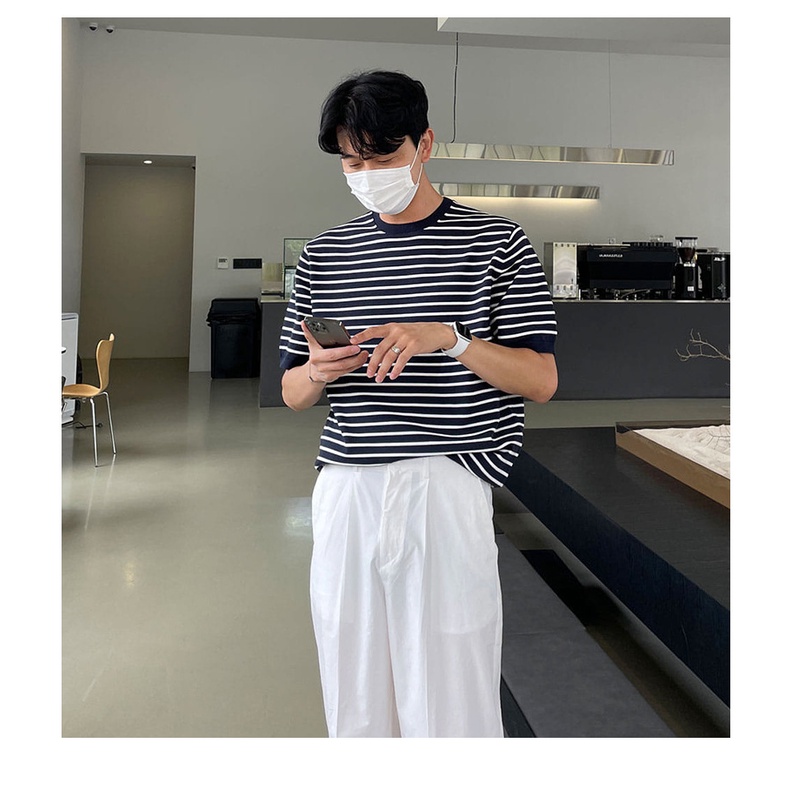 Áo Thun Dệt Kim Mỏng Cổ Tròn Tay Ngắn Dáng Rộng In Họa Tiết Kẻ Sọc Phong Cách Nhật Bản Thời Trang Mùa Hè Cho Nam