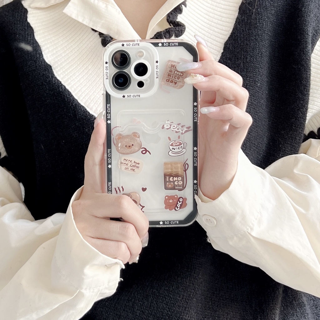 Ốp Điện Thoại Tpu Mềm Trong Suốt Hình Gấu Bông 3D Có Ngăn Đựng Thẻ Cho iPhone 14 13 12 11 Pro Max XS XR 7 8 Plus