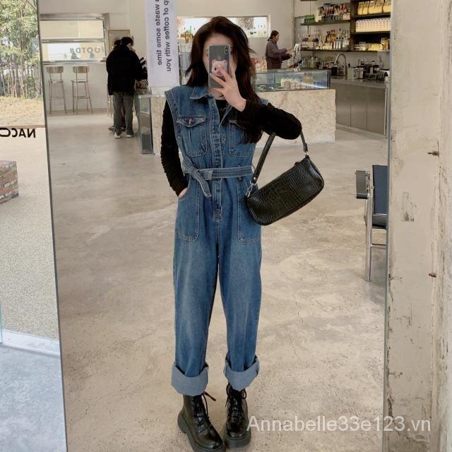Jumpsuit Denim Không Tay Dáng Suông Phong Cách Retro Thời Trang Mùa Xuân 2023 Mới Cho Nữ