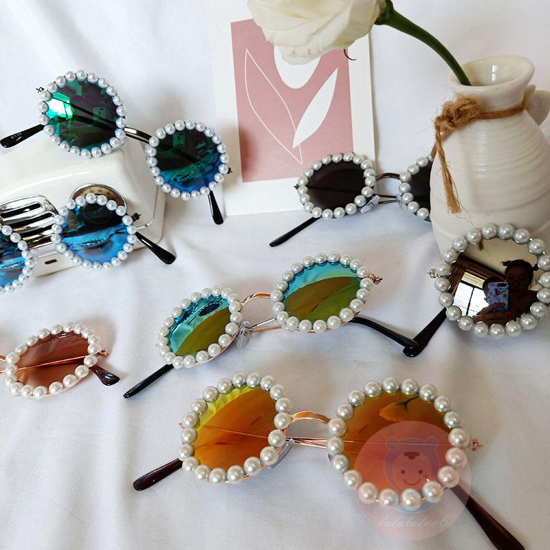 Kính Chống Nắng LAA6-Boys Tròng Tròn Đính Ngọc Trai Chống Tia Cực Tím Phong Cách Retro Cho Nữ