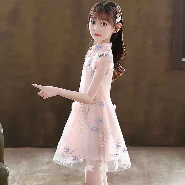 Đầm Sườn Xám Vải Tuyn Tay Ngắn In Hình Bướm Kiểu Trung Hoa Thời Trang Mùa Hè 2023 Cho Bé Gái