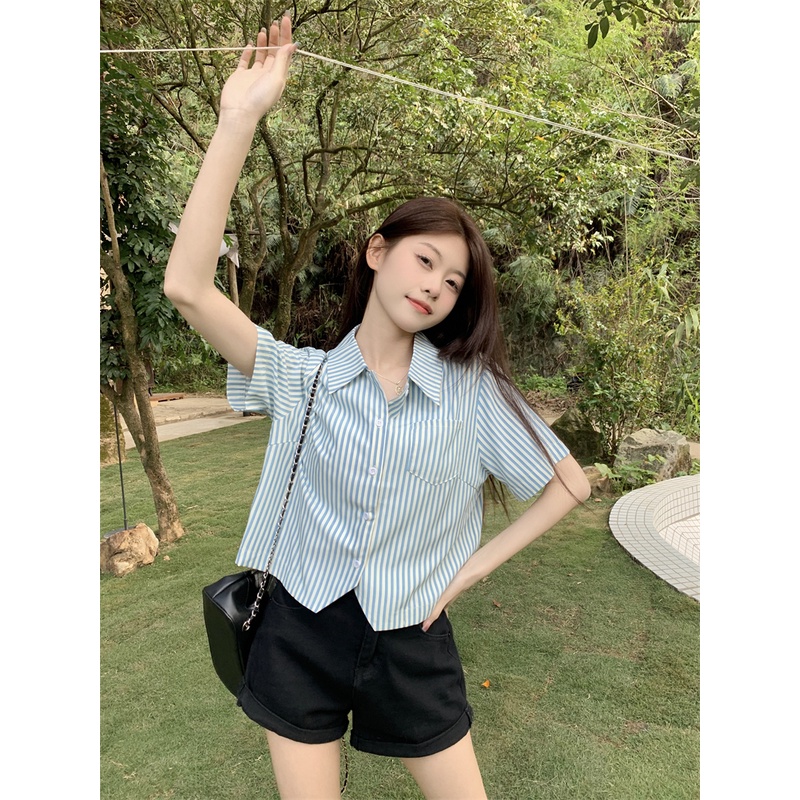 Lalisas Áo Sơ Mi Ngắn Tay Họa Tiết Kẻ Sọc Thời Trang Hàn Quốc Dành Cho Nữ