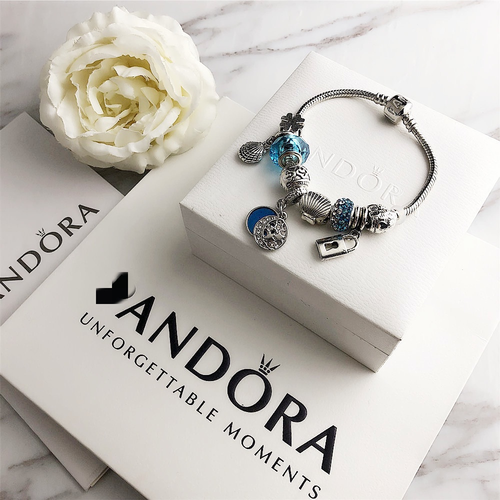 Vòng ( Lắc) Tay Nữ Pandora Ngôi Sao Đại Dương Đính Hạt Màu Xanh - Bạc 925