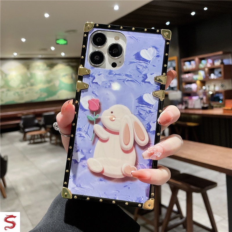 Ốp Điện Thoại Hình Vuông Họa Tiết Hoa Hồng Và Thỏ Dễ Thương Cho iPhone 14 Pro Max 13 12 11 Pro Max XR XS Max 7 8 6s Plus SE2