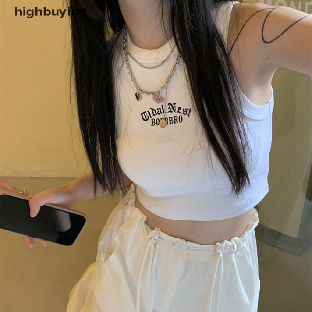 Áo Croptop Sát Nách Cổ Tròn Thêu Chữ Thời Trang Mùa Hè Cho Nữ