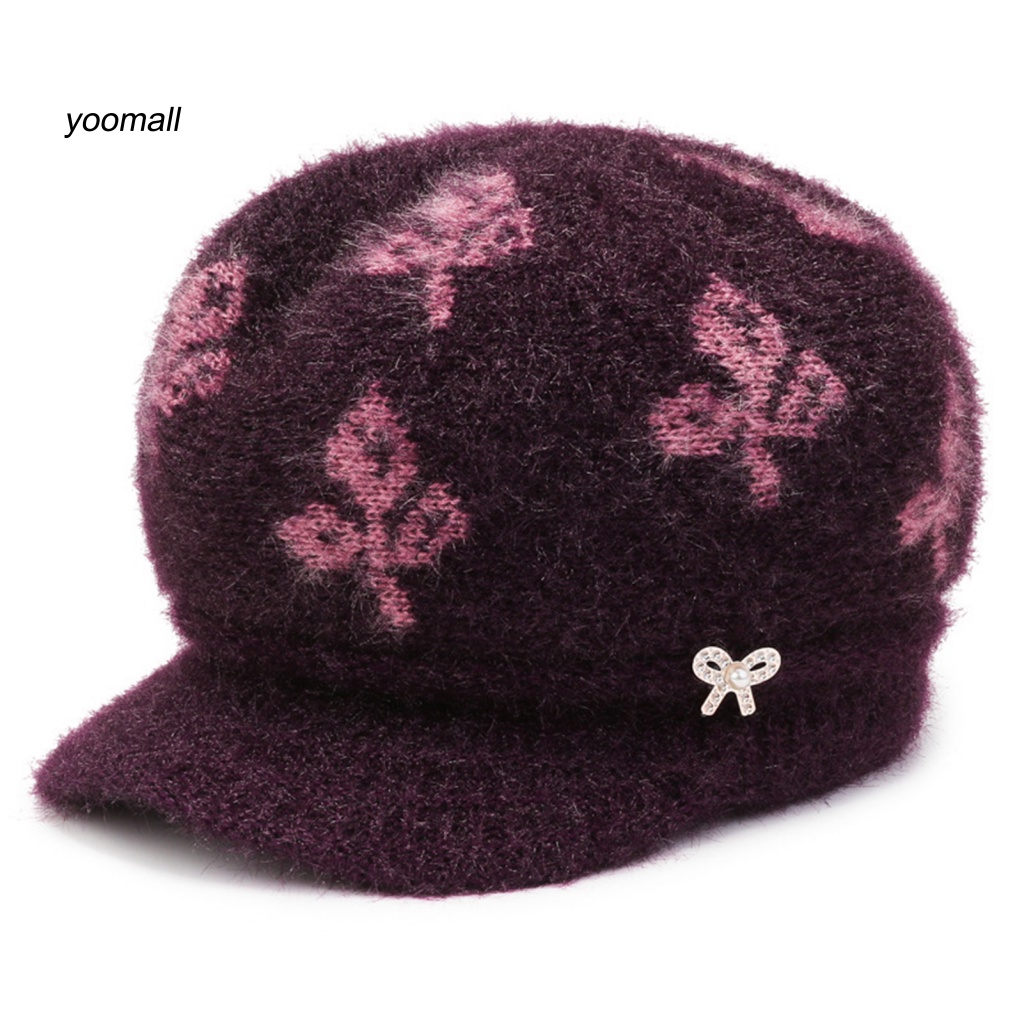 Yo / Mũ Dệt Kim Đính Nơ Ngọc Trai Giả Lót Lông Dày Dặn Co Giãn Chống Lạnh Giữ Ấm Mùa Đông Cho Phụ Nữ Trung Niên