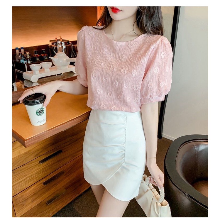 Áo Thun Tay Phồng Ngắn Cổ Tròn Phối Ren Phong Cách Vintage Pháp N518