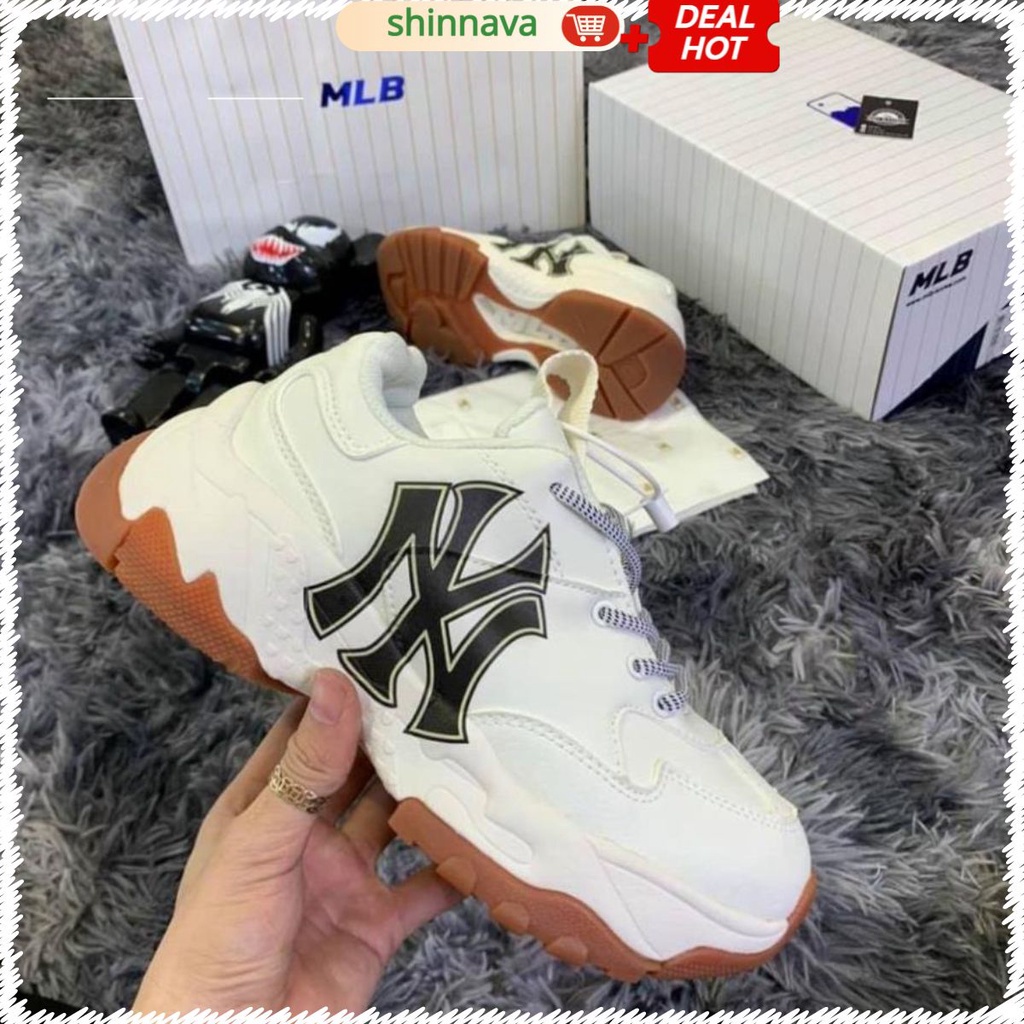 Giày sneaker mlb NY đen, Giày thể thao nam nữ NY đế nâu da bò tăng chiều cao 4cm full size nam nữ G349 Gragas Sneaker