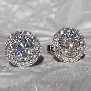 Bộ trang sức nhẫn và khuyên tai đính đá zircon tròn lấp lánh thời trang