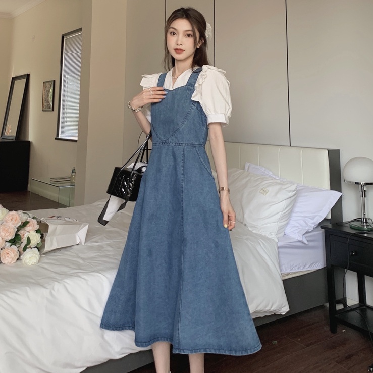 Đầm Denim Hai Dây Ôm Eo Dáng Dài Qua Gối Phong Cách Mới Cho Nữ