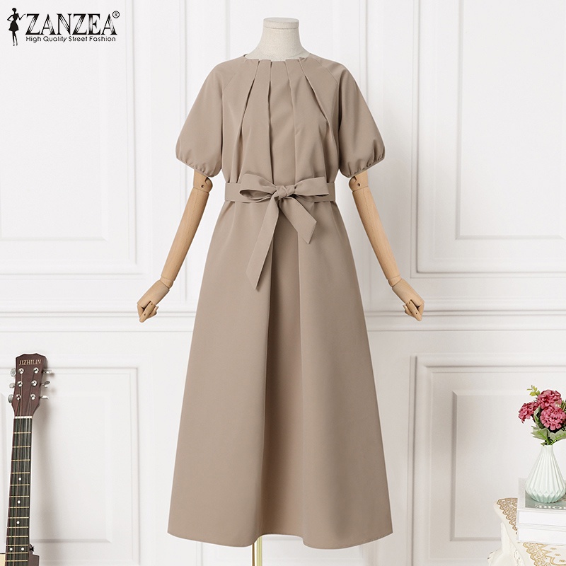 Đầm dài ZANZEA tay phồng xếp ly phối thắt lưng phong cách đường phố Hàn Quốc