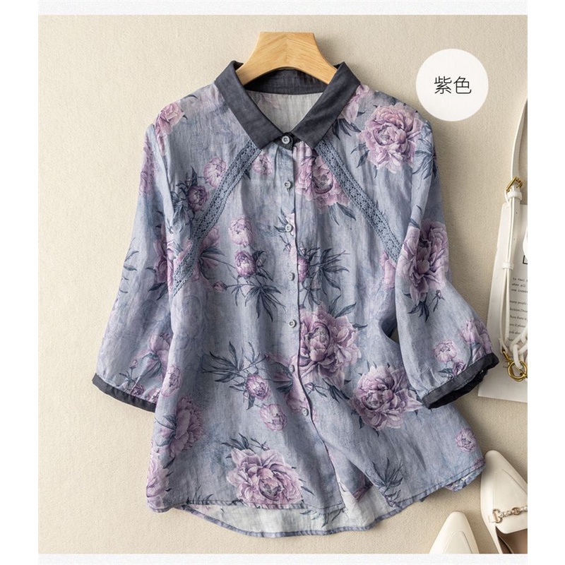 ICE cotton and linen Japanese retro printed shirt summer top high-end foreign trade export tail single Ramie women's loose artistic cotton and linen