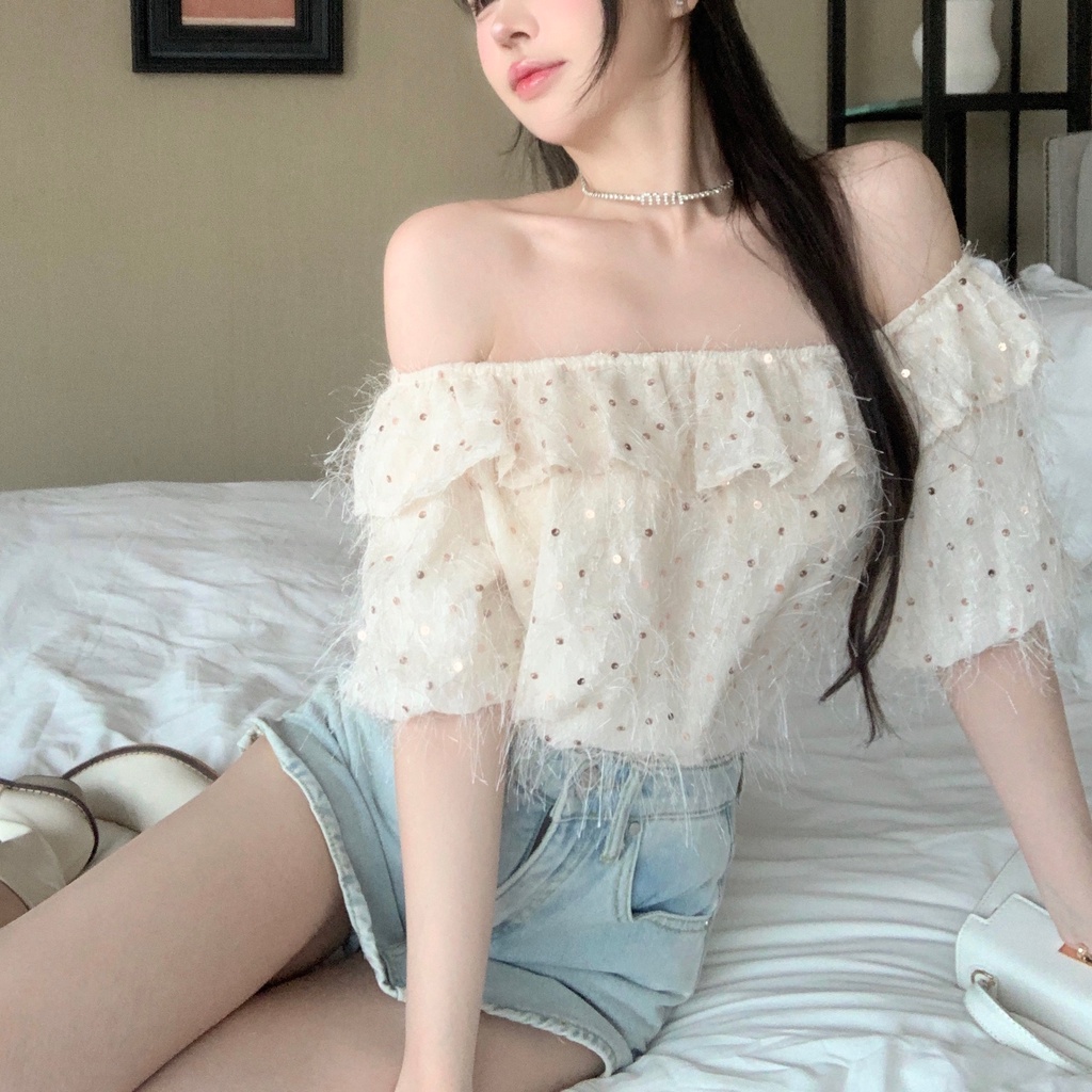 C & M Áo Voan Trễ Vai Phối Tua Rua Kim Sa Màu Mơ Nhẹ Nhàng Mùa Hè Cho Nữ